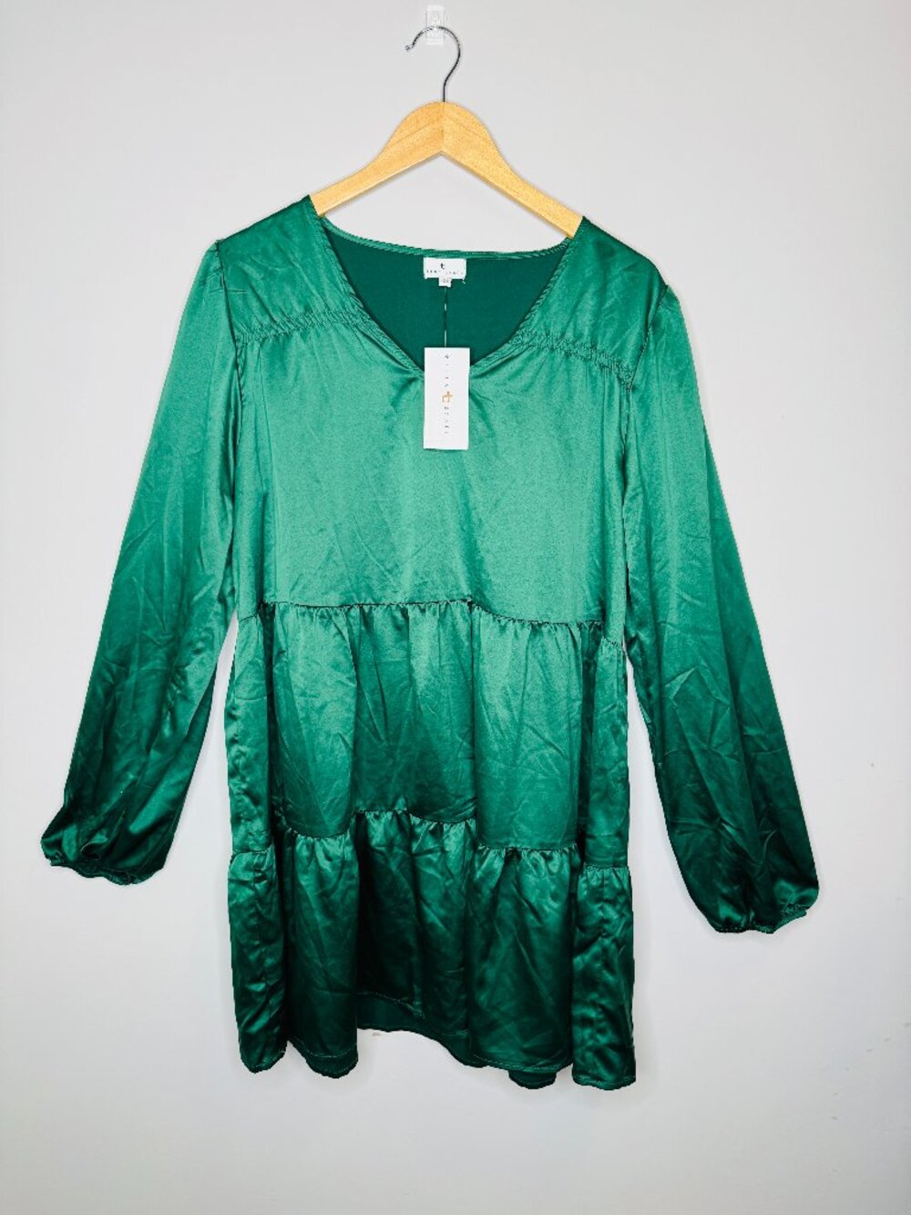 NWT True Craft Eden Long Sleeve Mini Dress Womens XL Green Polyester Satin Vneck